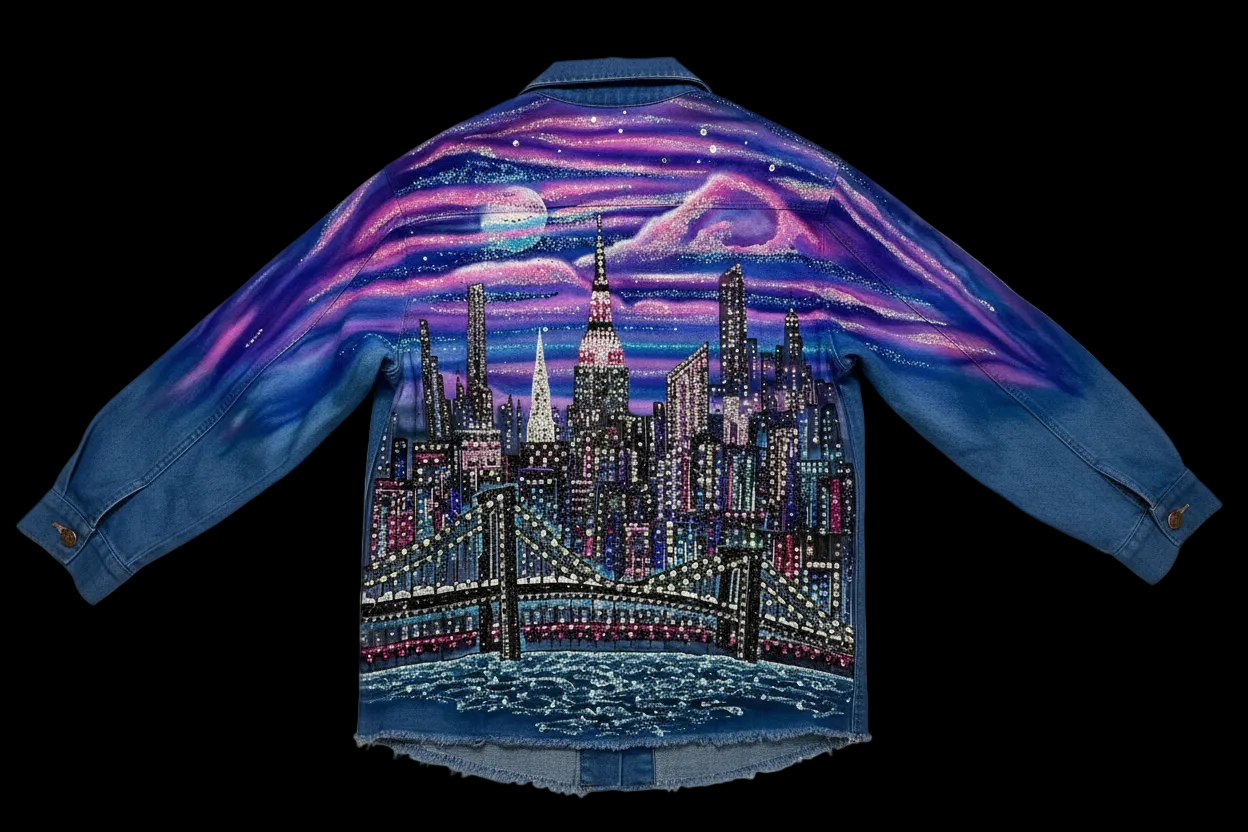 Denim jacket with a Loria NYC Art cityscape painting on the back against a white background