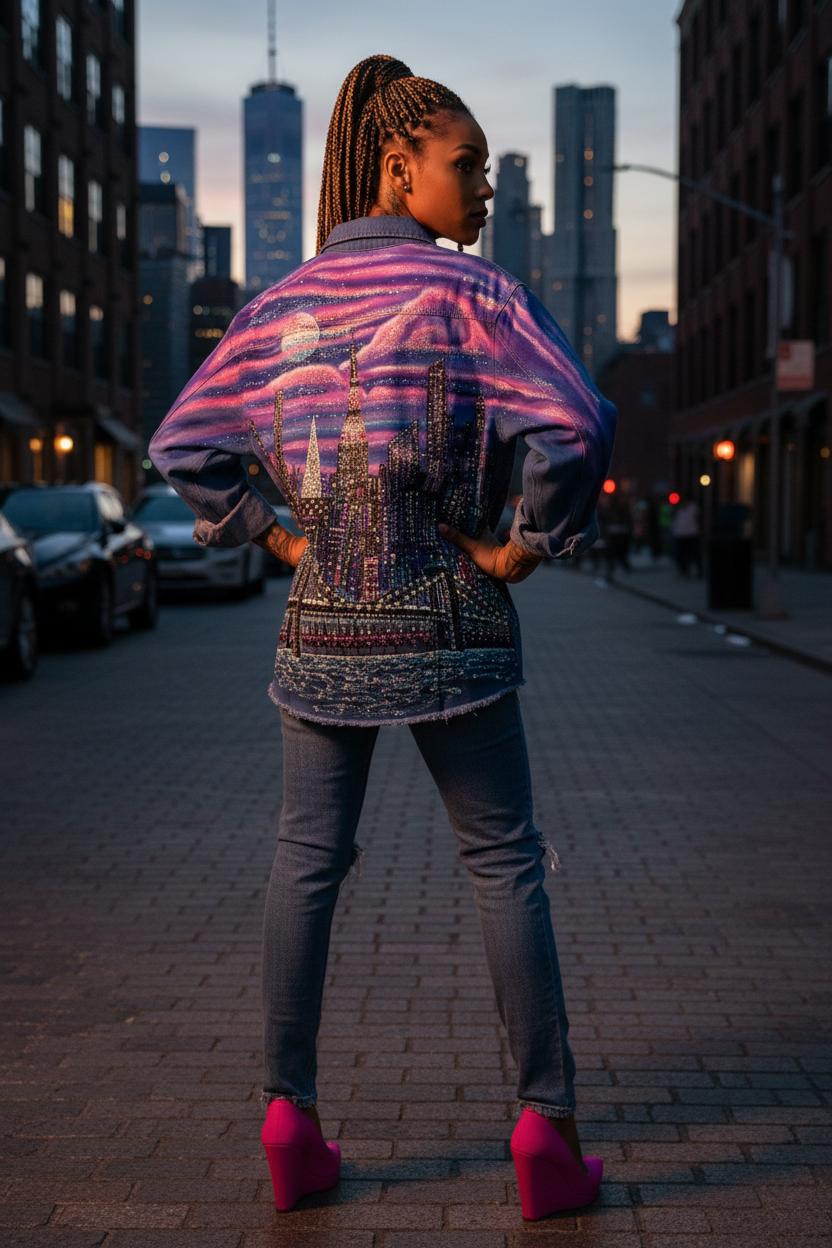A woman stands on a city street at dusk, viewed from behind, wearing a colorful Loria NYC Art jacket with purple, pink, and blue tones, gray jeans, and bright pink high heels.