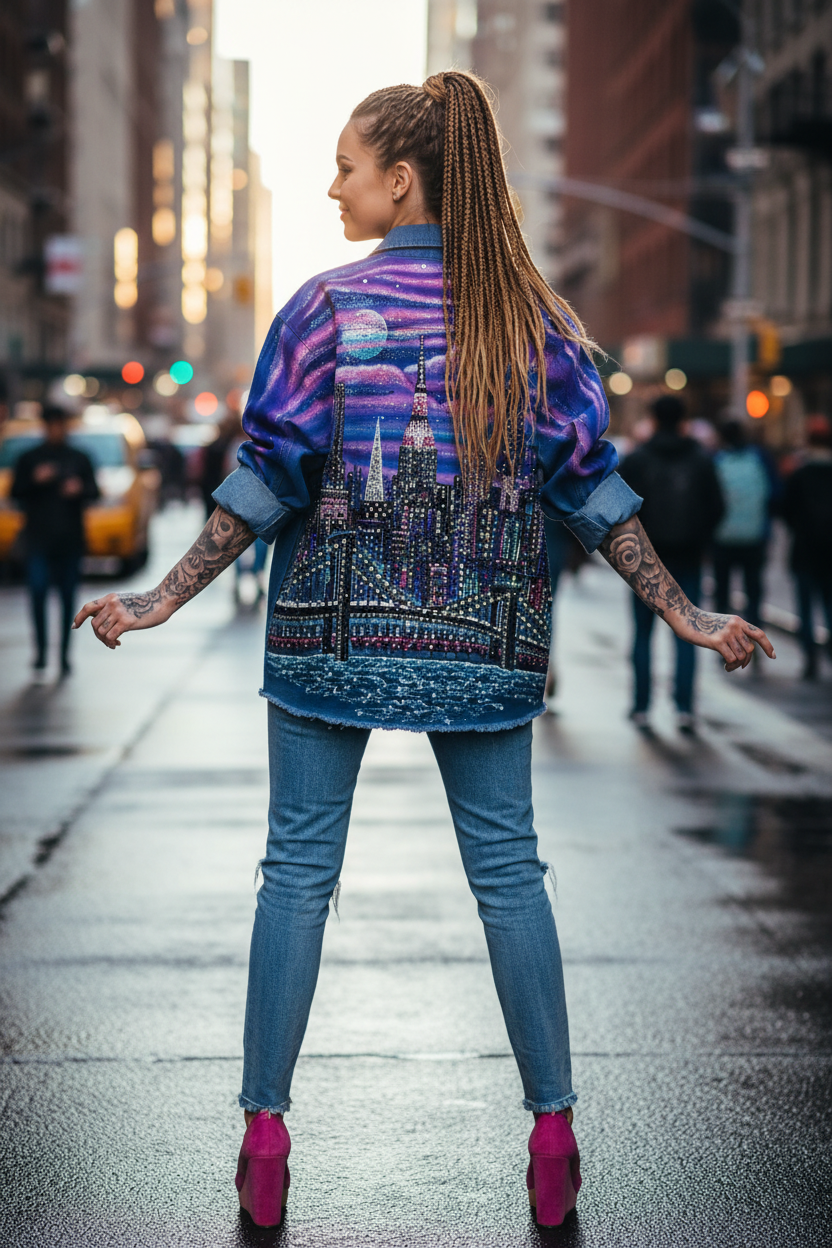 A woman stands on a city street with her back to the camera, wearing a vibrant blue and purple denim jacket with a detailed Loria NYC Art skyline  graphic on the back, paired with blue jeans and bright pink boots.