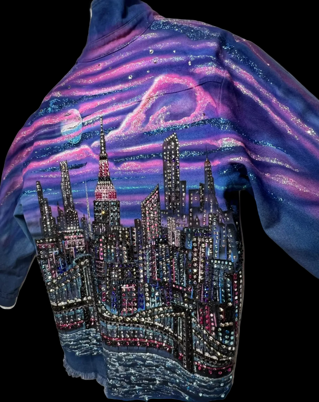 Jacket with a cityscape Loria NYC Art design featuring a skyline and vibrant colors.