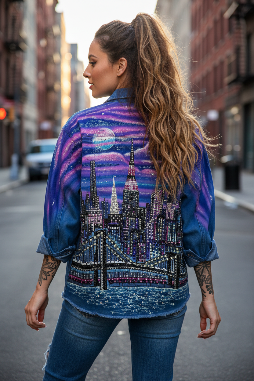 A woman wearing a blue denim jacket with a large, colorful Loria NYC Art skyline painted on the back, standing on a city street.