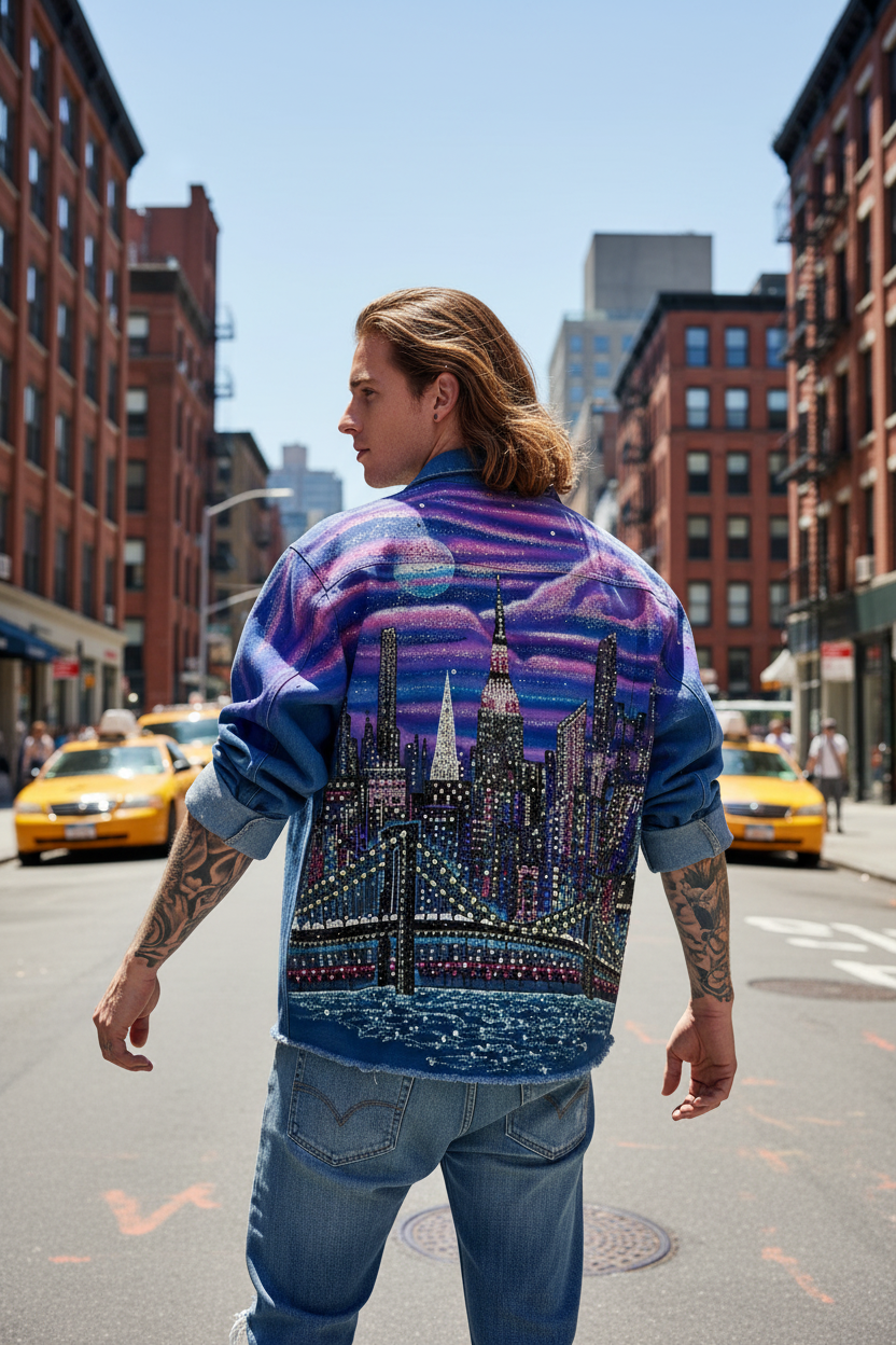 A man standing on a city street, viewed from behind, wearing a blue denim bomber jacket with a large purple and blue Loria NYC Art graphic on the back.