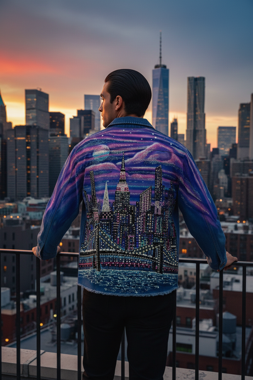 Person wearing a colorful jacket with a cityscape Loria NYC Art design, standing on a rooftop overlooking a city skyline at sunset.