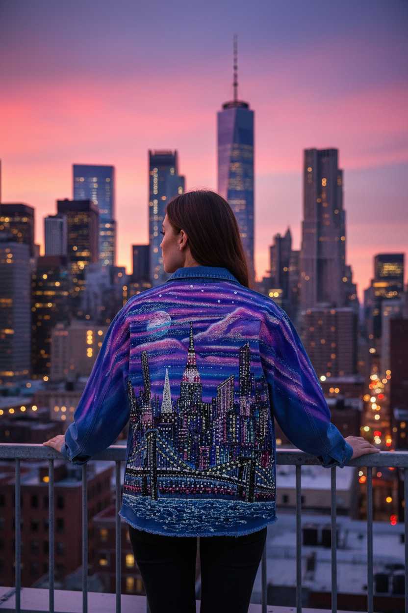 Person wearing a jacket with a cityscape Loria NYC Art design, standing against a backdrop of a city skyline at dusk.
