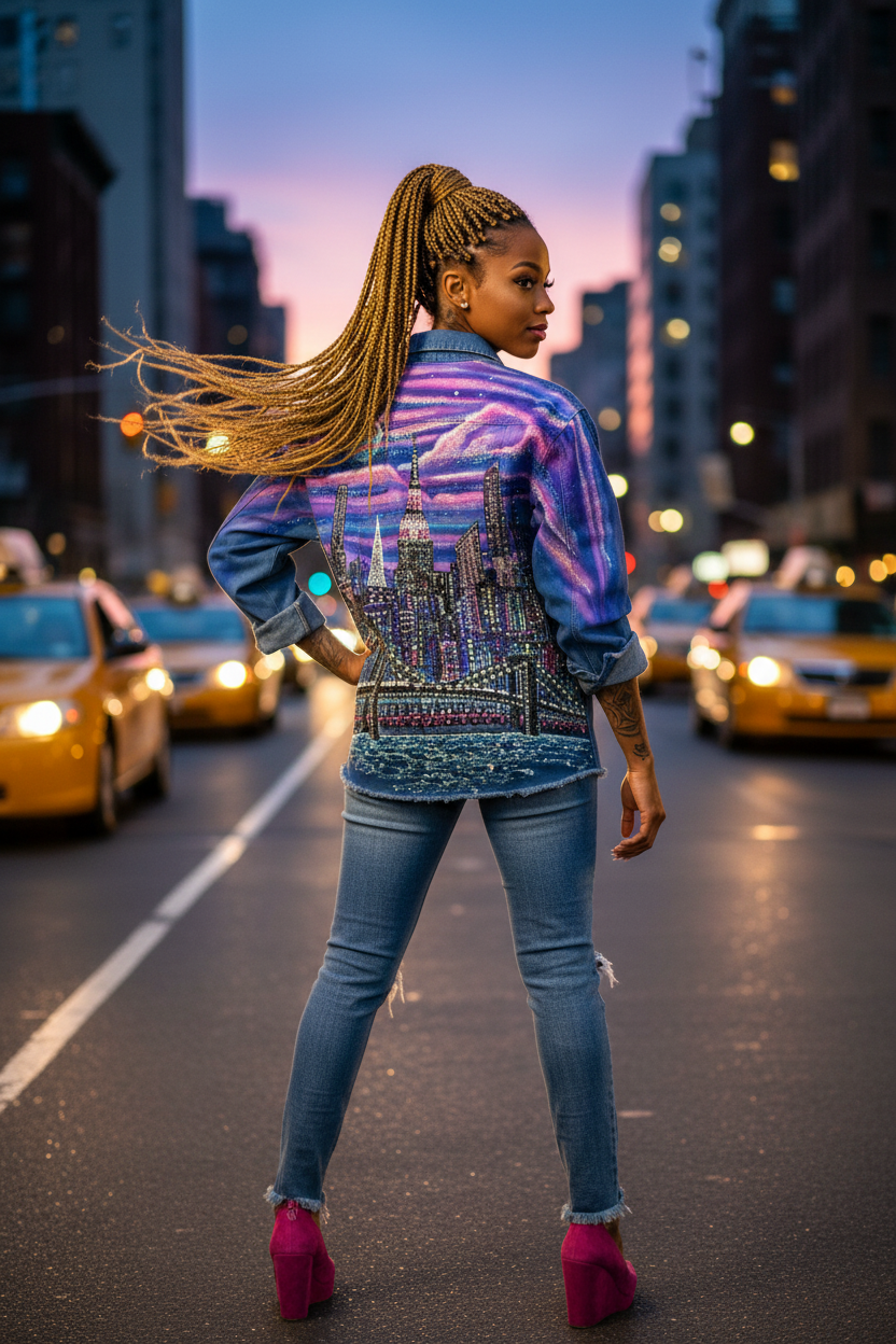 A woman stands on a city street at dusk wearing a blue denim jacket with a large colorful Loria NYC Art skyline graphic on the back, paired with blue jeans and bright pink heels.