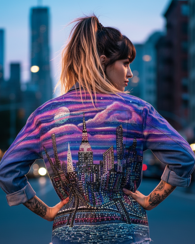 A woman stands on a city street at dusk wearing a denim jacket from the back, decorated with a large city skyline Loria NYC Art design made of rhinestones and sequins under a purple and blue sky, paired with blue jeans.