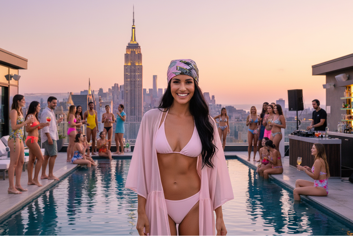 Woman in a pink bikini and cover-up and head bandana designed by Loria NYC Art standing by a pool with a city skyline in the background