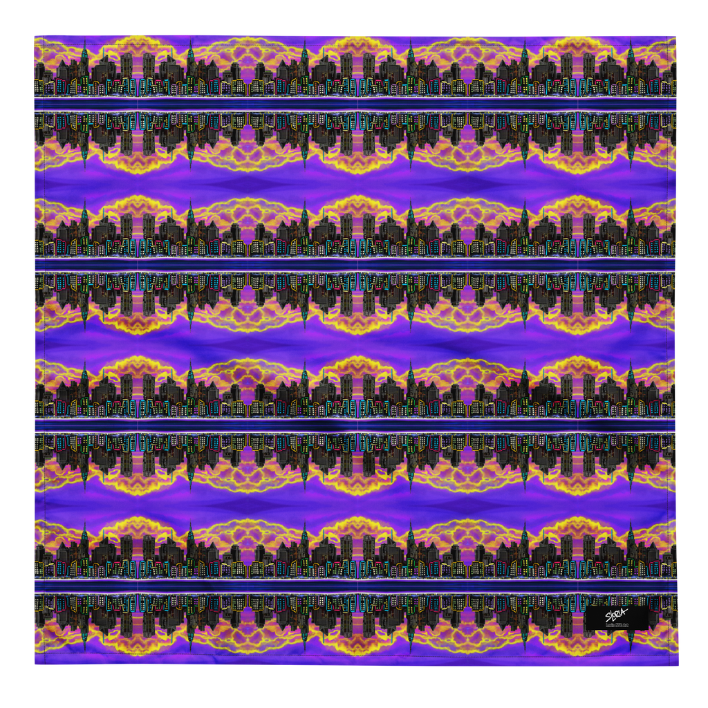 Patterned design with Loria NYC Art city skyline and colorful abstract elements on a purple background