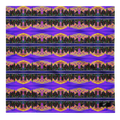 Patterned design with Loria NYC Art city skyline and colorful abstract elements on a purple background