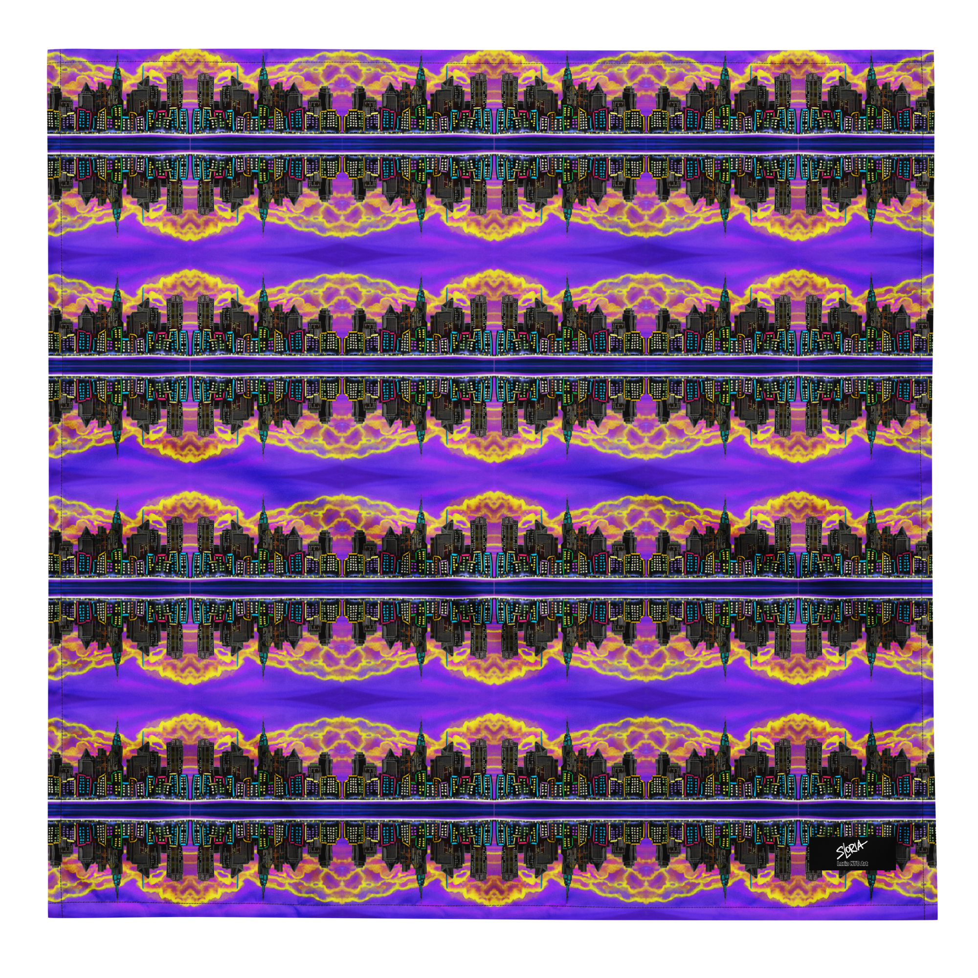 Patterned design with Loria NYC Art city skyline and colorful abstract elements on a purple background