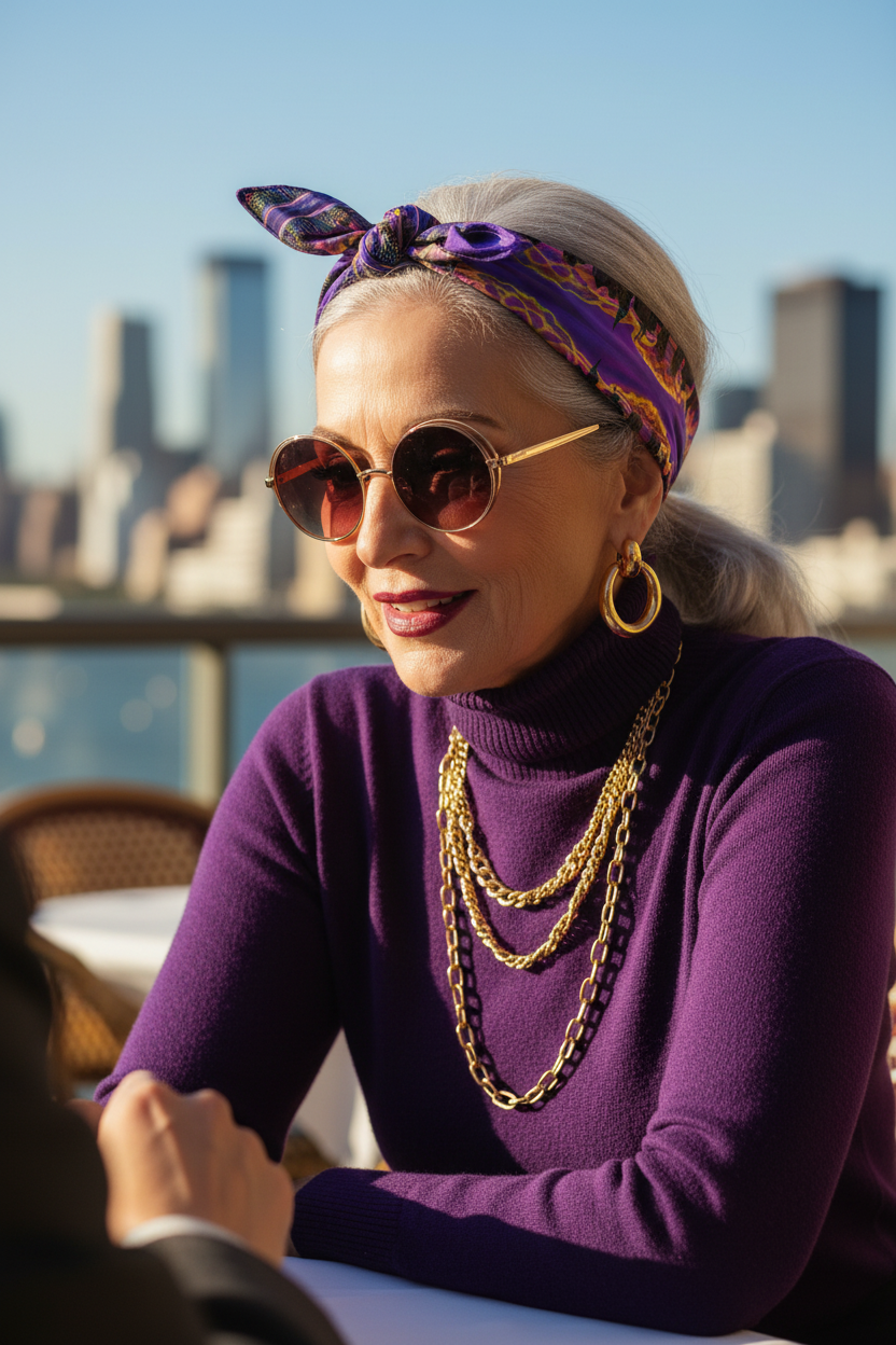 Female sitting in an outdoor setting wearIng a purple Loria NYC Art headscarf and gold jewelry.