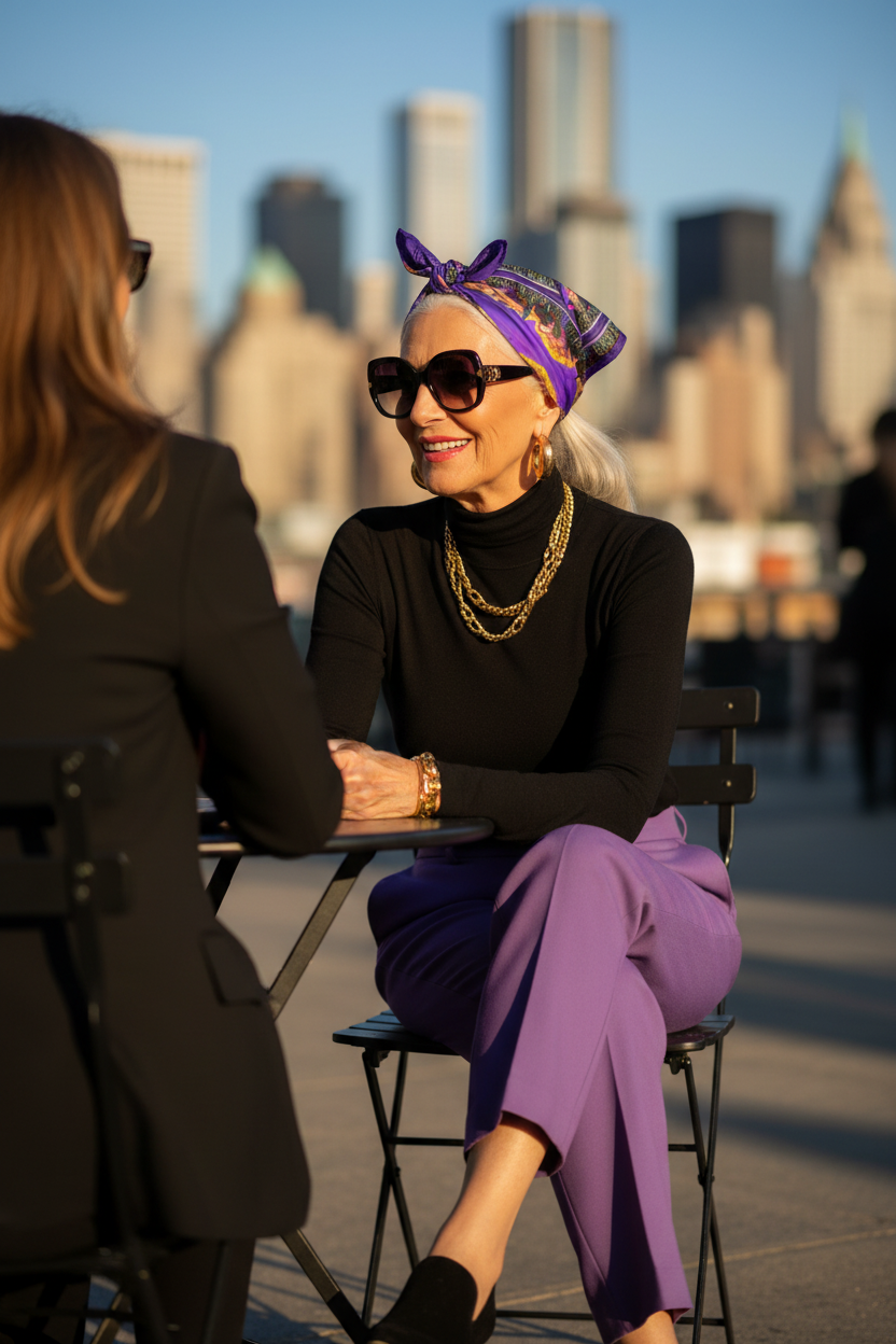 Women wearing a purple Loria NYC Art head scarf sitting at an outside cafe table