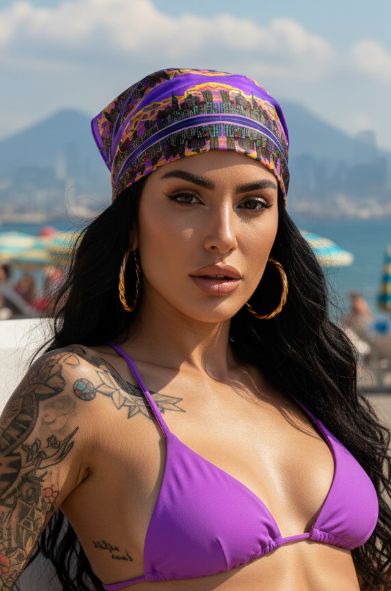Woman wearing a purple bikini and Loria NYC Art headscarf with a scenic background