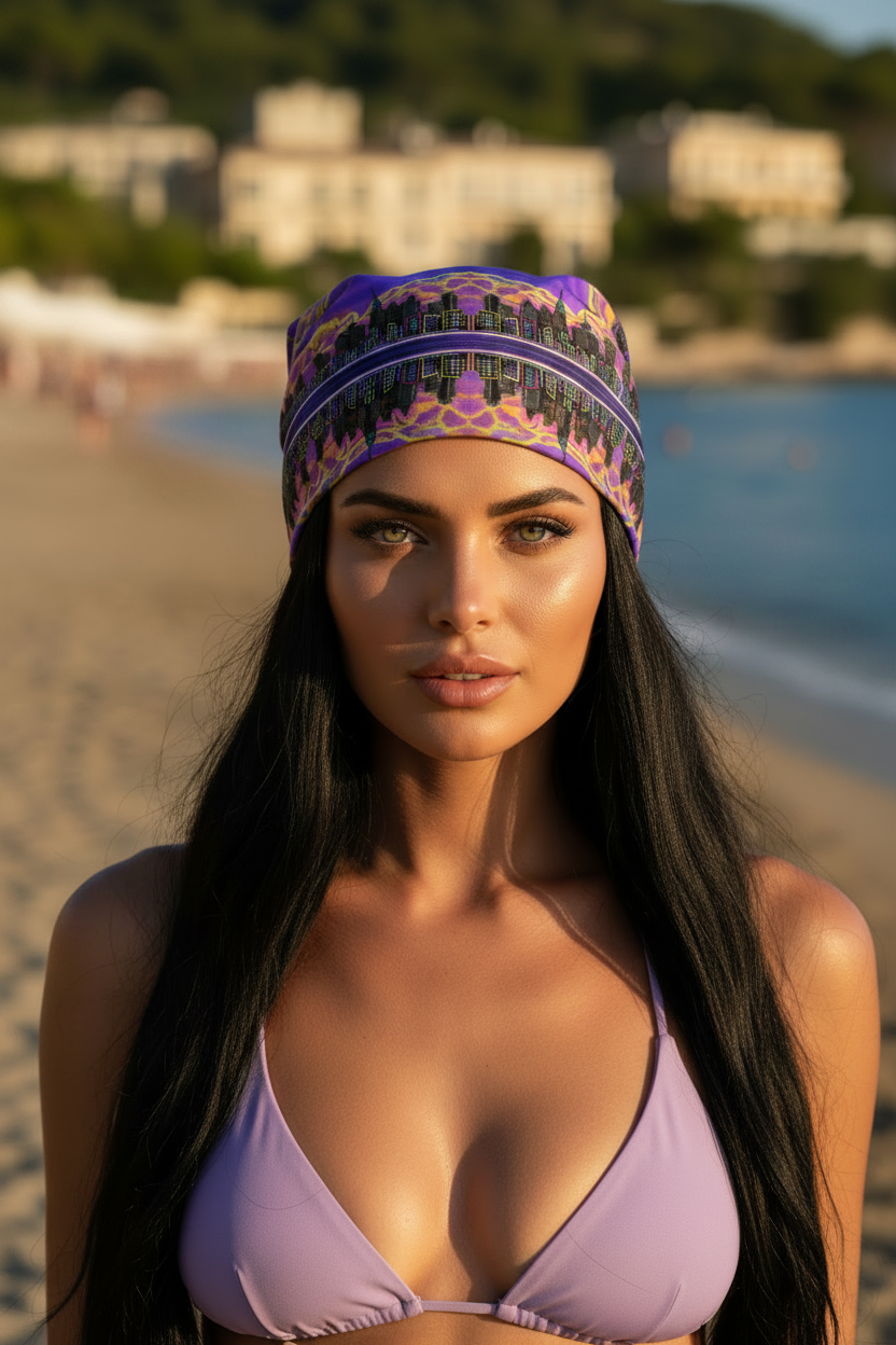 Woman wearing a purple Loria NYC Art headscarf and bikini top on a beach with buildings in the background