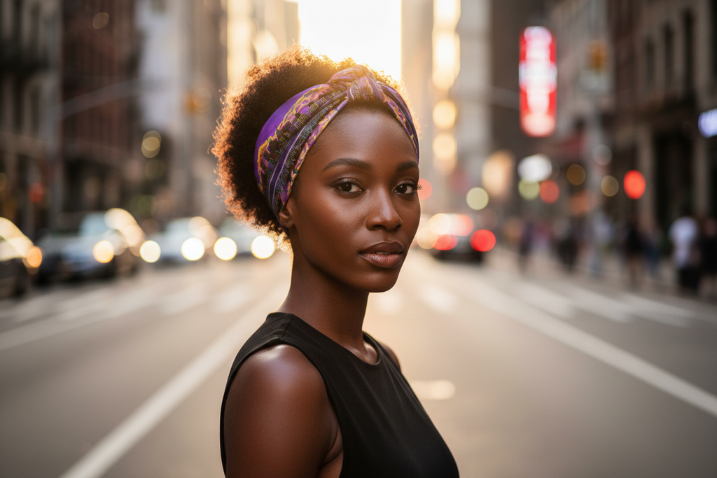 Woman with a Loria NYC Art headscarf standing on a city street with blurred lights in the background