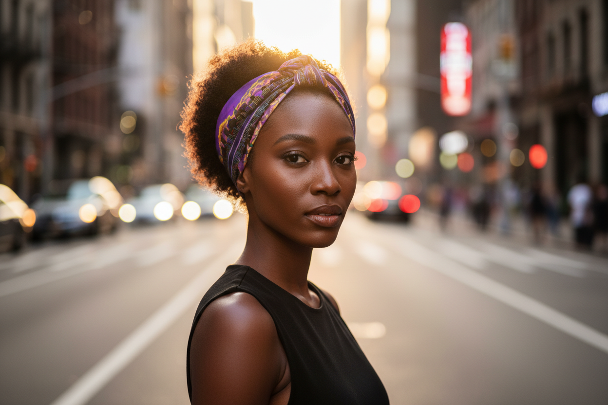 Woman with a Loria NYC Art headscarf standing on a city street with blurred lights in the background