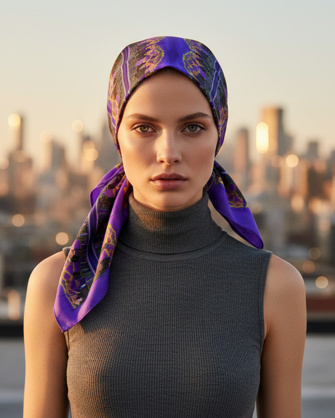 Woman wearing a Loria NYC Art headscarf with a cityscape in the background