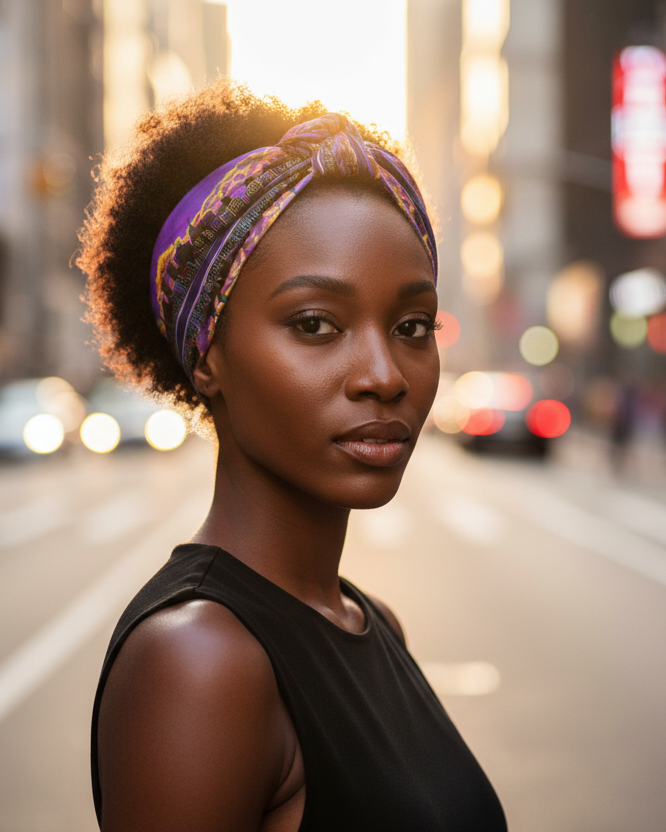 Woman wearing a colorful Loria NYC Art headscarf on a city street at night.