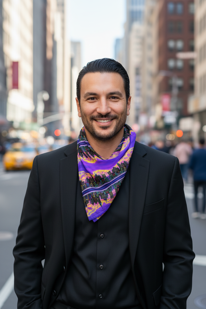 Man wearing a colorful Loria NYC Art scarf in an urban setting