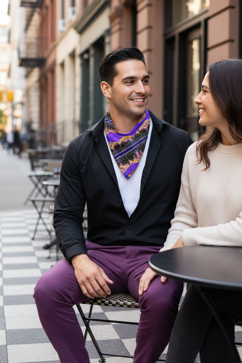 Man wearing a Loria NYC Art bandana and woman sitting on a city street, smiling at each other.