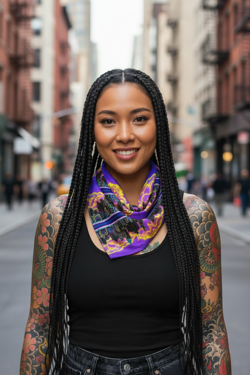 Woman with braided hair and tattoos wearing a black top and colorful Loria NYC Art scarf on a city street.
