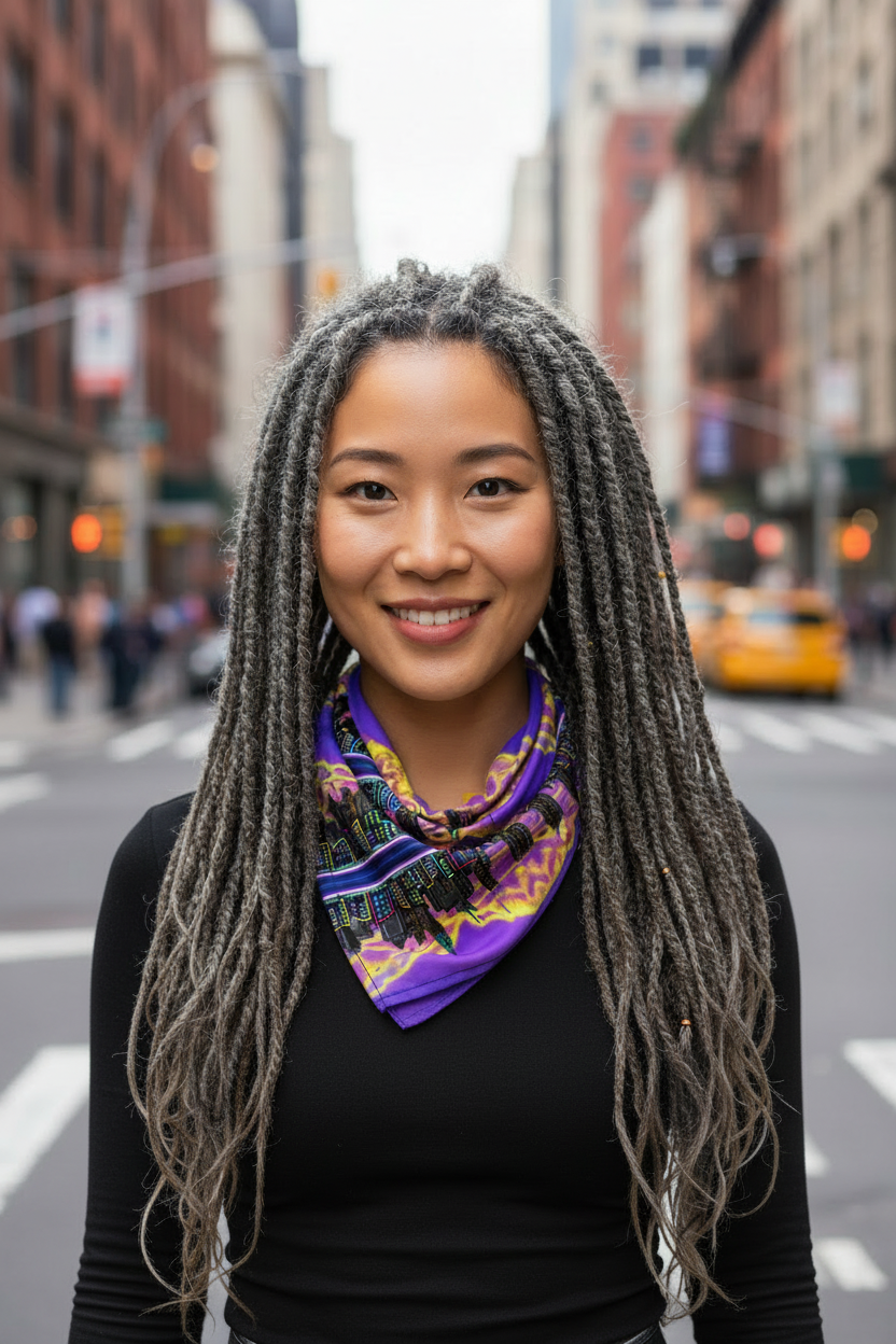 Woman with long braided hair wearing a colorful Loria NYC Art scarf in an urban street setting