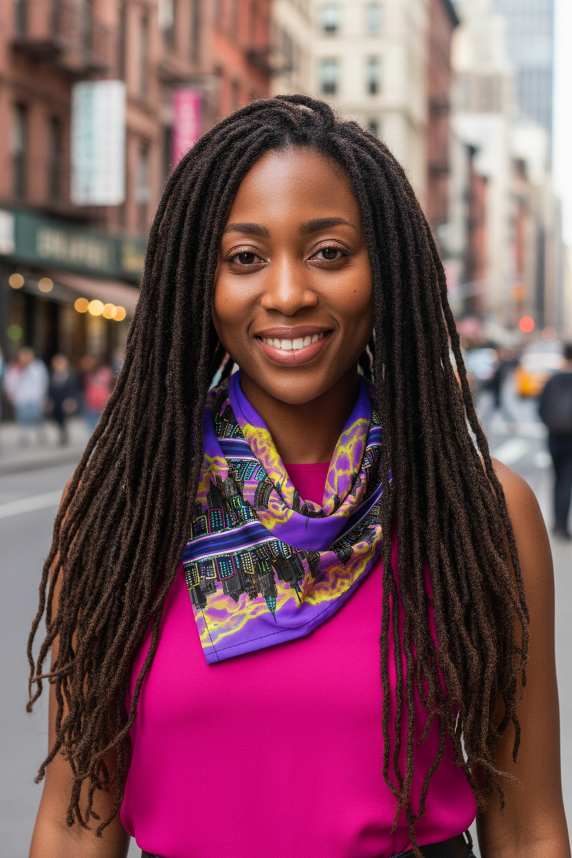 Woman with long braided hair wearing a colorful Loria NYC Art scarf and pink top on a city street.