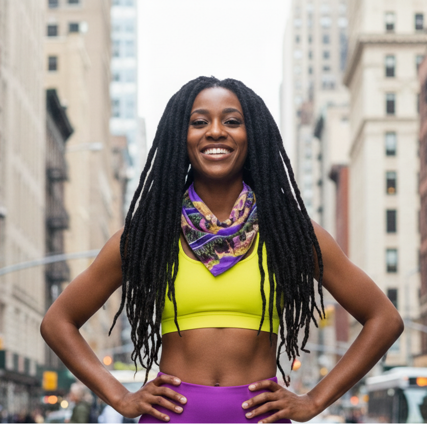 Woman in Loria NYC Art neck scarf bright athletic wear standing on a city street with buildings in the background