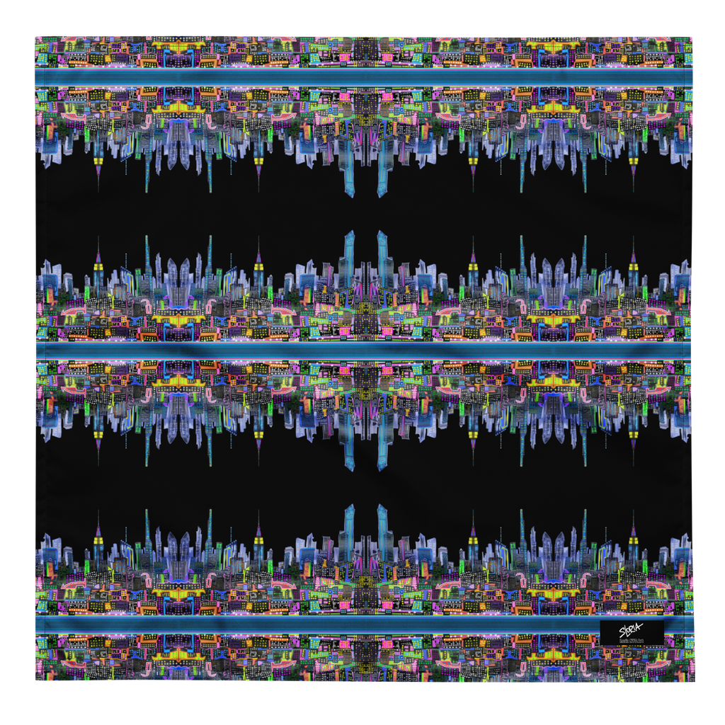 Colorful Loria NYC Art cityscape reflection on water with a black background