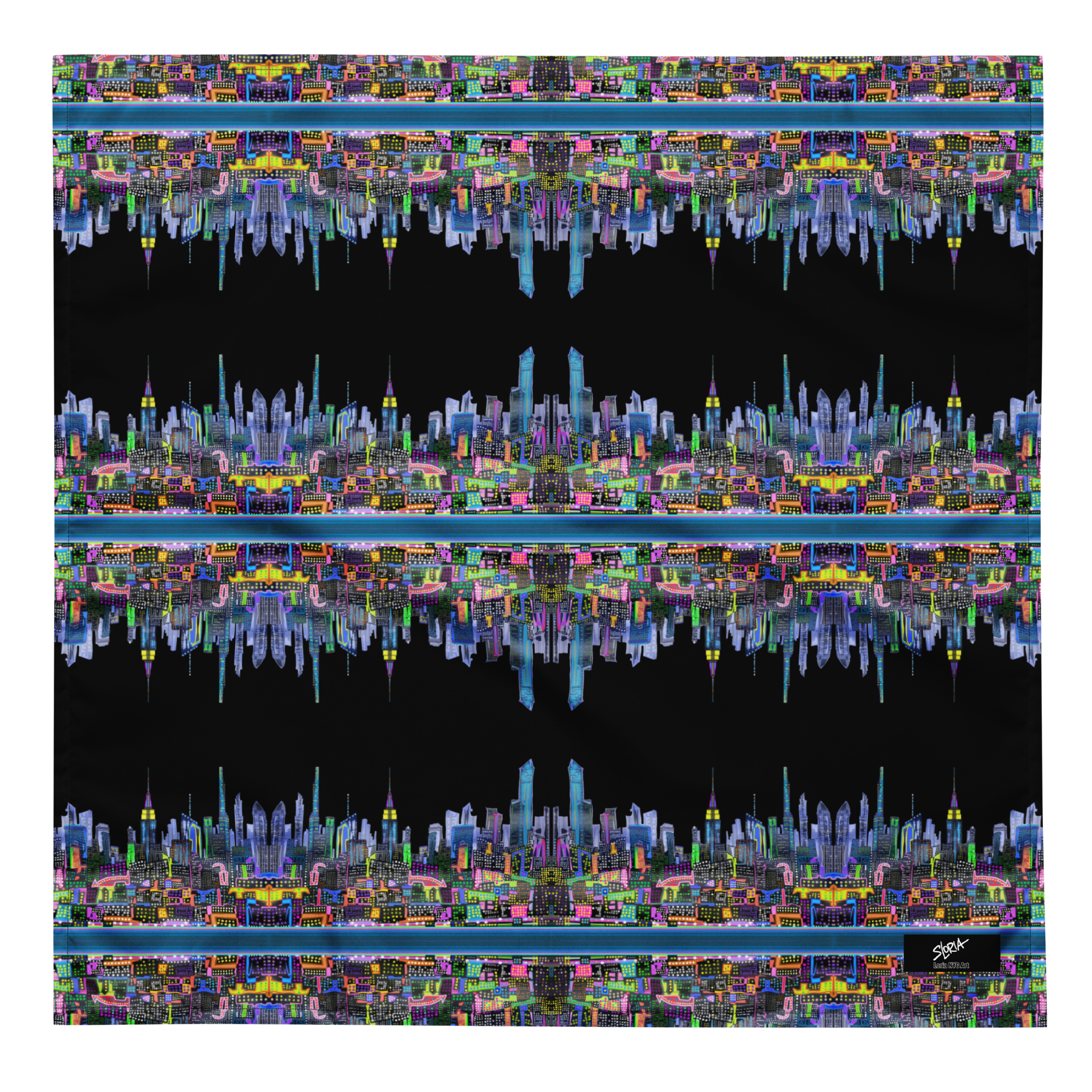 Colorful Loria NYC Art cityscape reflection on water with a black background