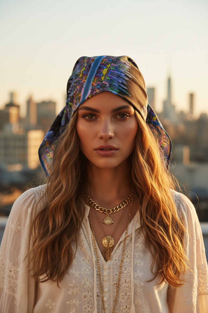 Woman wearing a colorful Loria NYC Art headscarf with a cityscape in the background
