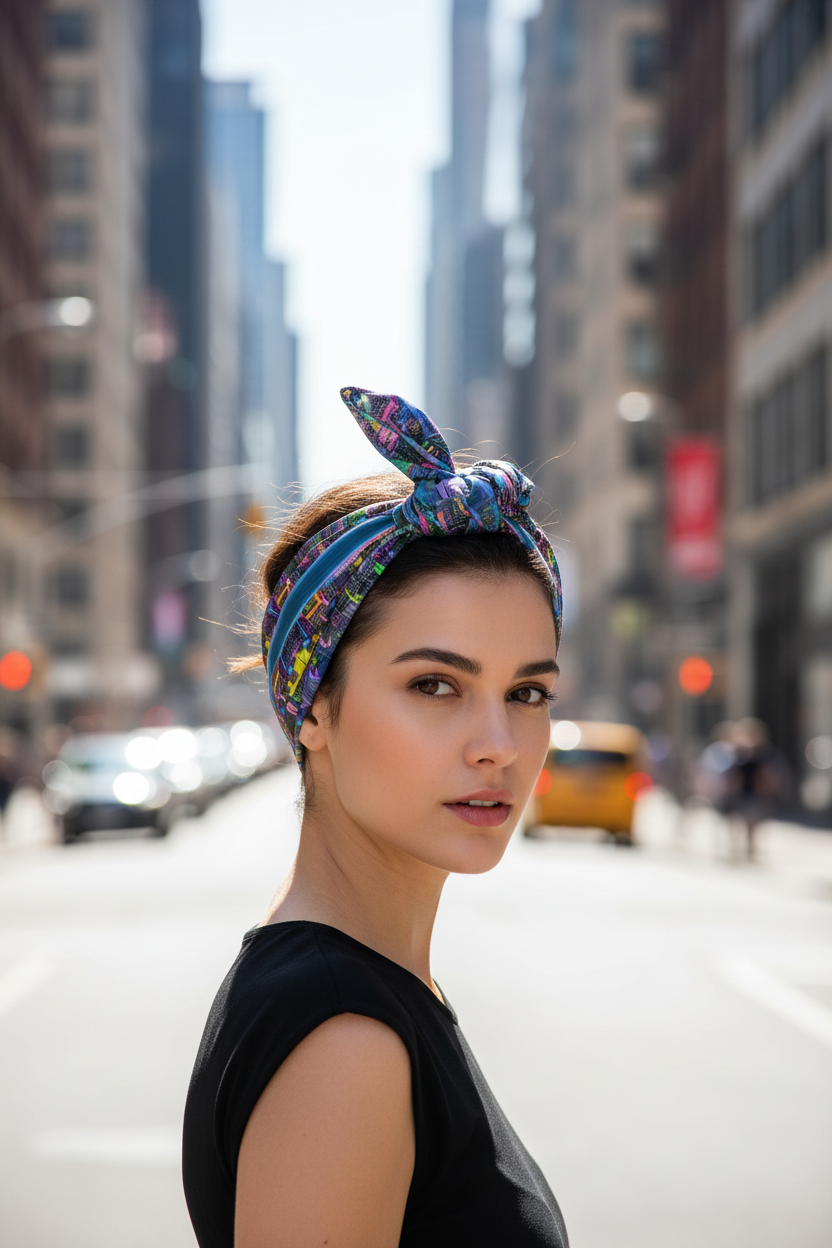 Woman with a colorful Loria NYC Art headscarf on a city street