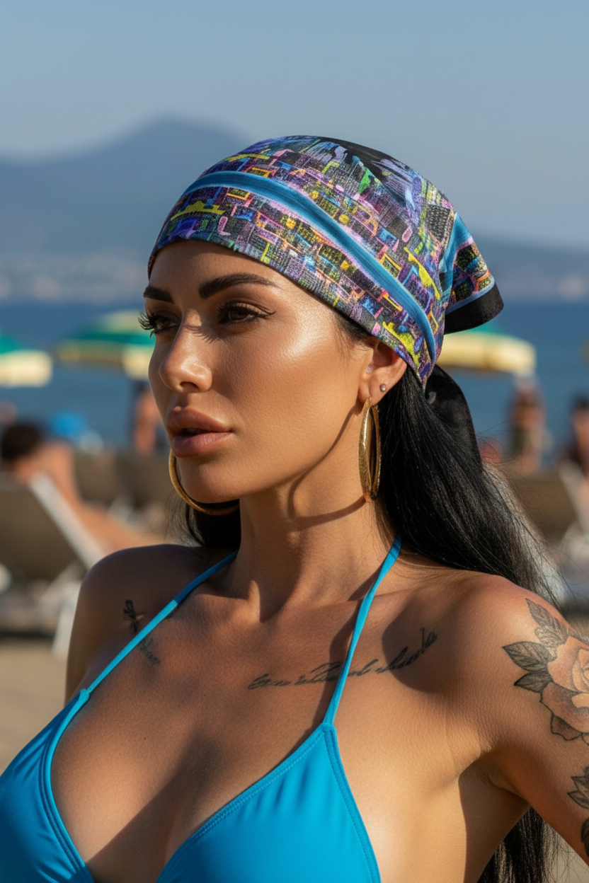 Woman wearing a colorful Loria NYC Art headscarf and blue bikini top on a beach with mountains in the background
