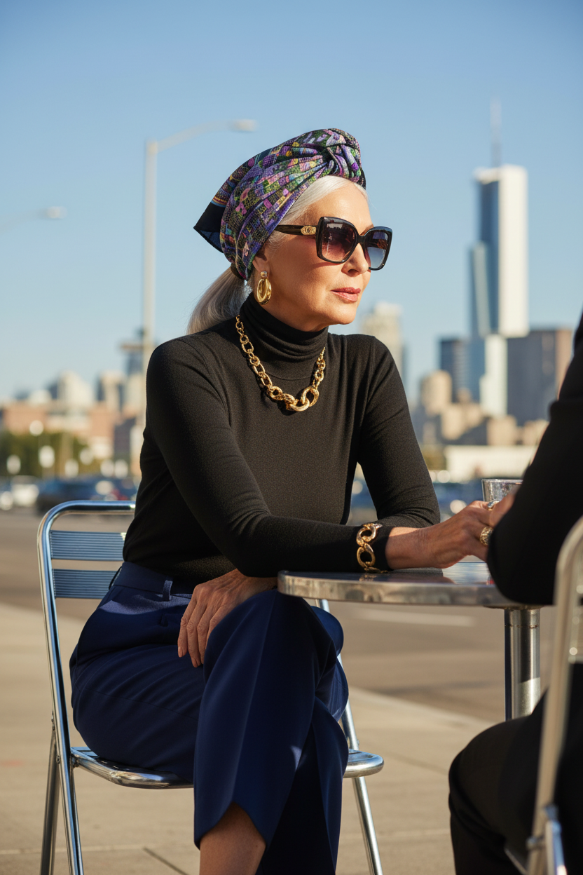 Women wearing a colorful Loria NYC Art headscarf sitting down at an outside table.