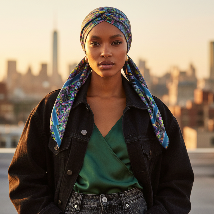 Woman wearing a colorful Loria NYC Art headscarf with a city skyline in the background