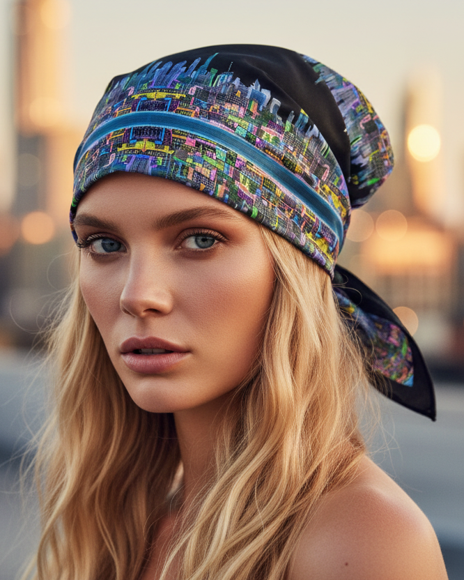 Woman wearing a colorful Loria NYC Art bandana with a cityscape in the background