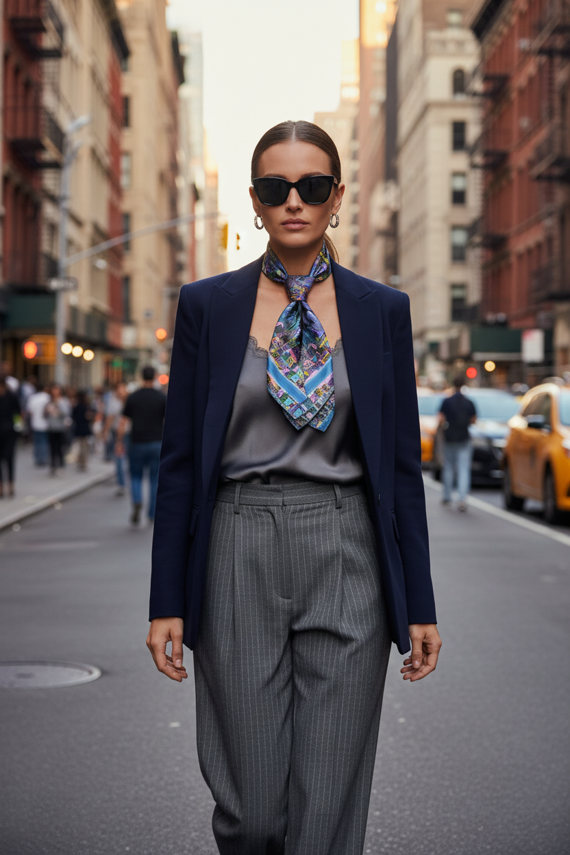 Woman in a stylish outfit with a Loria NYC Art colorful scarf on a city street