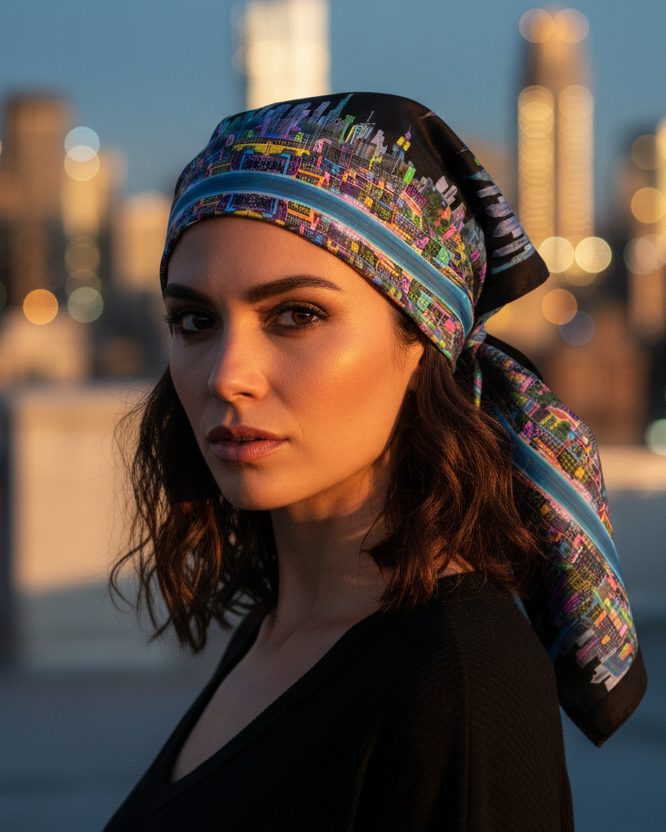 Woman wearing a colorful Loria NYC Art headscarf with a city skyline in the background