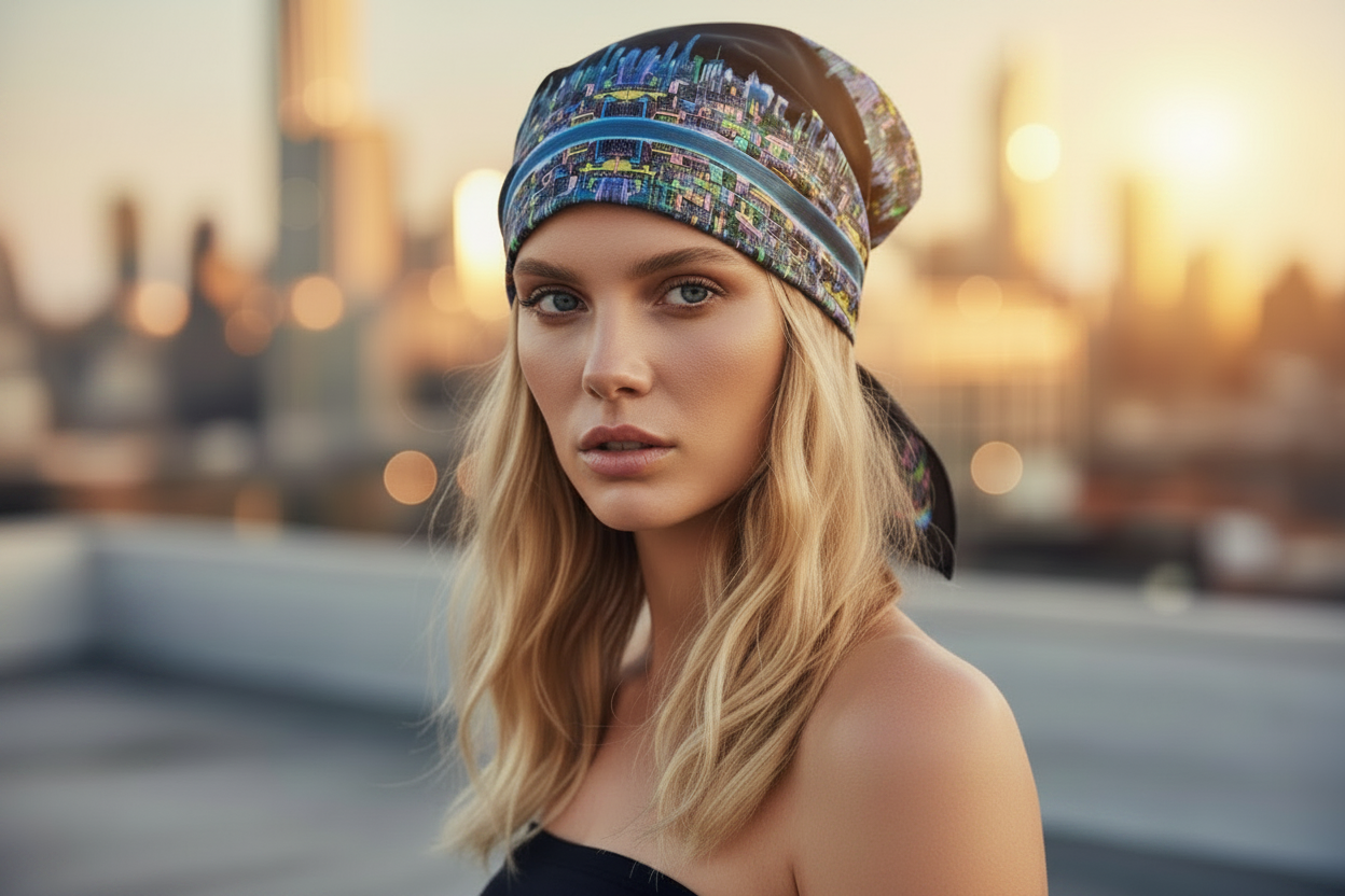 Female wearing colorful Loria NYC Art bandanna on her head with a abstract city scape scene.