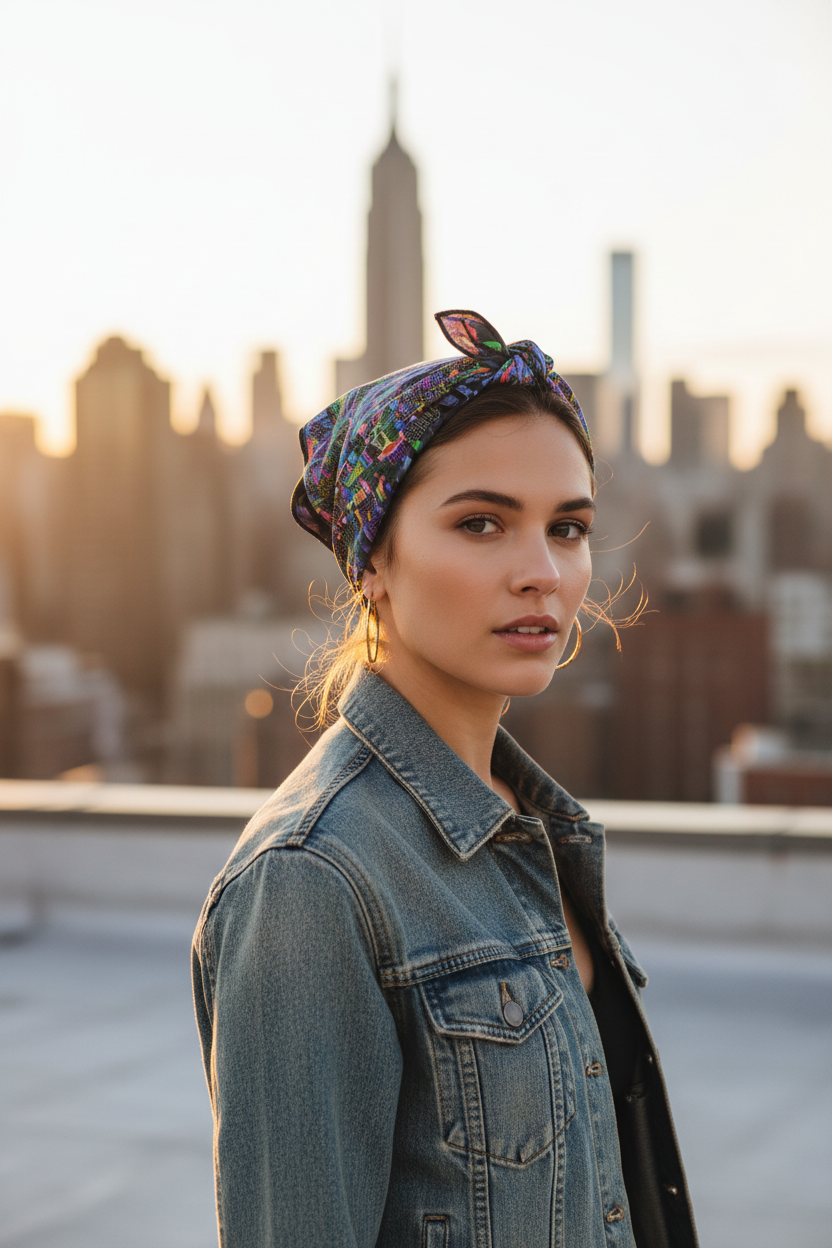 Woman wearing a floral Loria NYC Art headscarf and denim jacket with a cityscape in the background