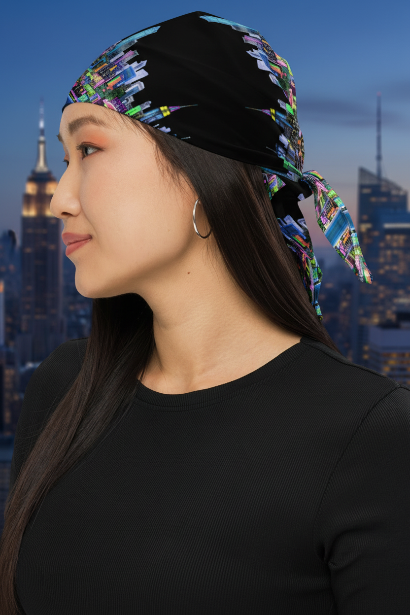 Woman wearing a colorful Loria NYC Art headscarf with a city skyline in the background