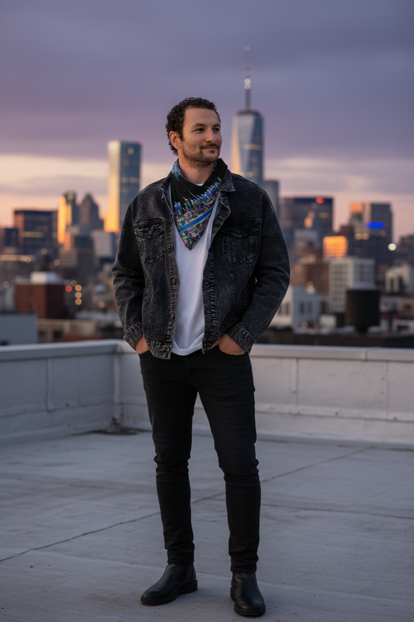 Man wearing a Loria NYC Art bandana standing on a rooftop with a city skyline in the background