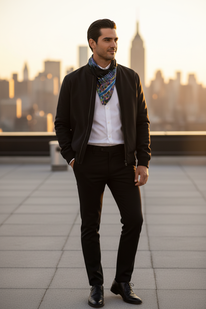 Man wearing a Loria NYC Art  standing on a rooftop with a cityscape in the background during sunset.
