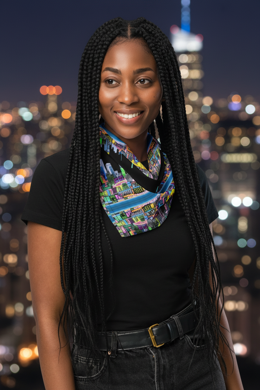 Woman with braided hair wearing a colorful Loria NYC Art scarf against a cityscape background