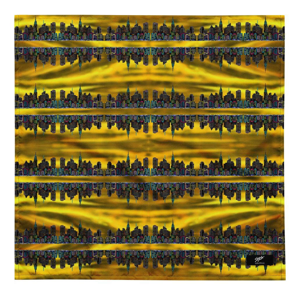 Repeating Loria NYC Art pattern of a city skyline on a yellow and black background