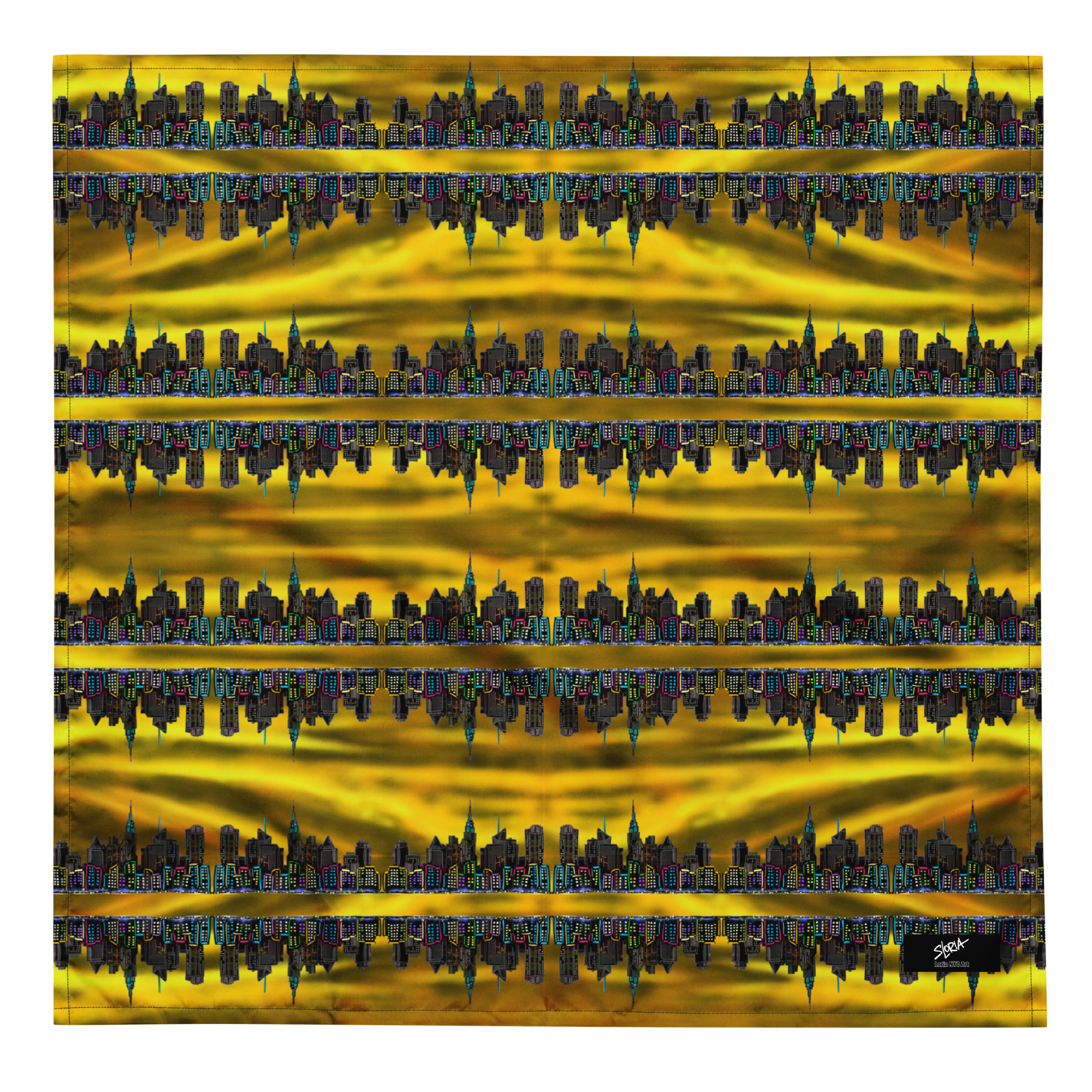 Repeating Loria NYC Art pattern of a city skyline on a yellow and black background