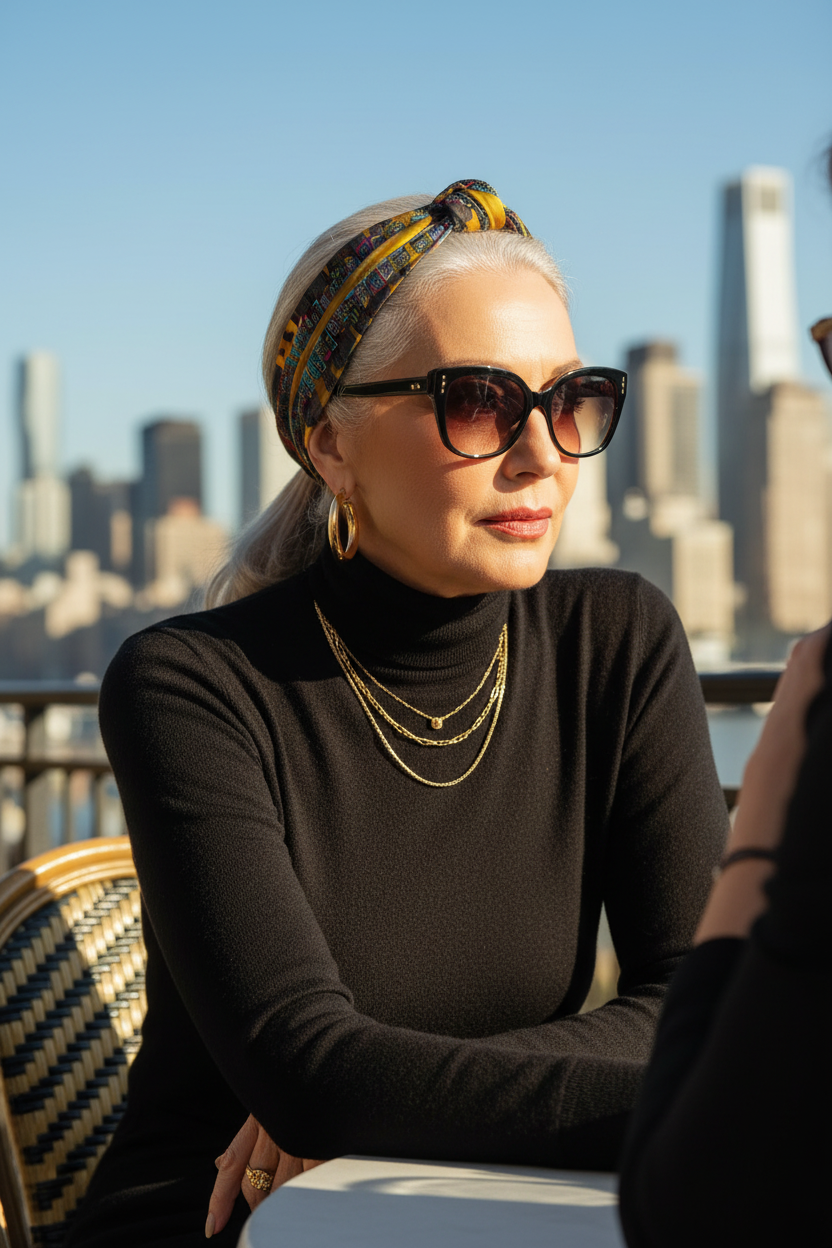 Female wearing a colorful Loria NYC Art headscarf in an outdoor setting.