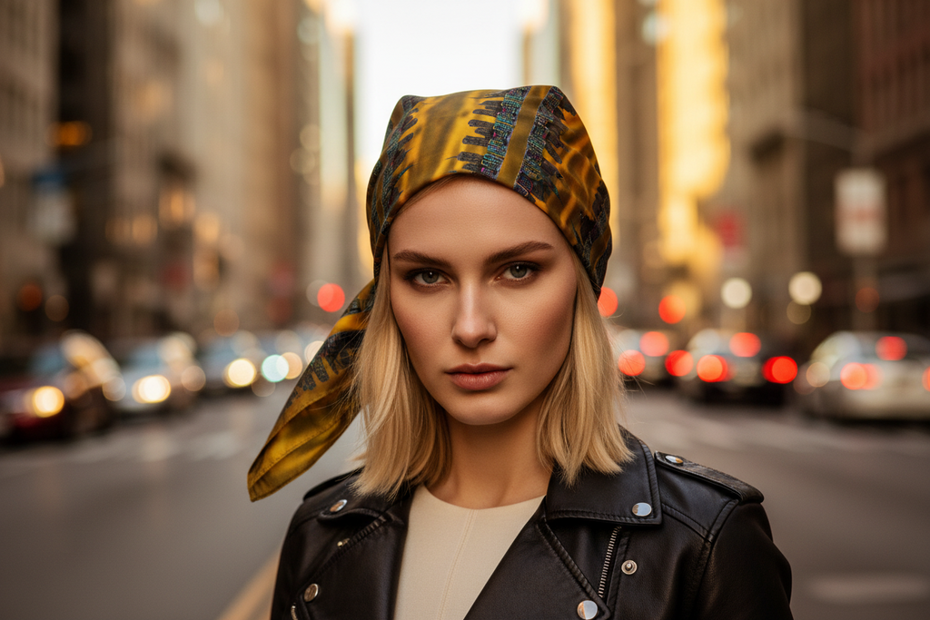 Woman wearing a Loria NYC Art headscarf on a city street