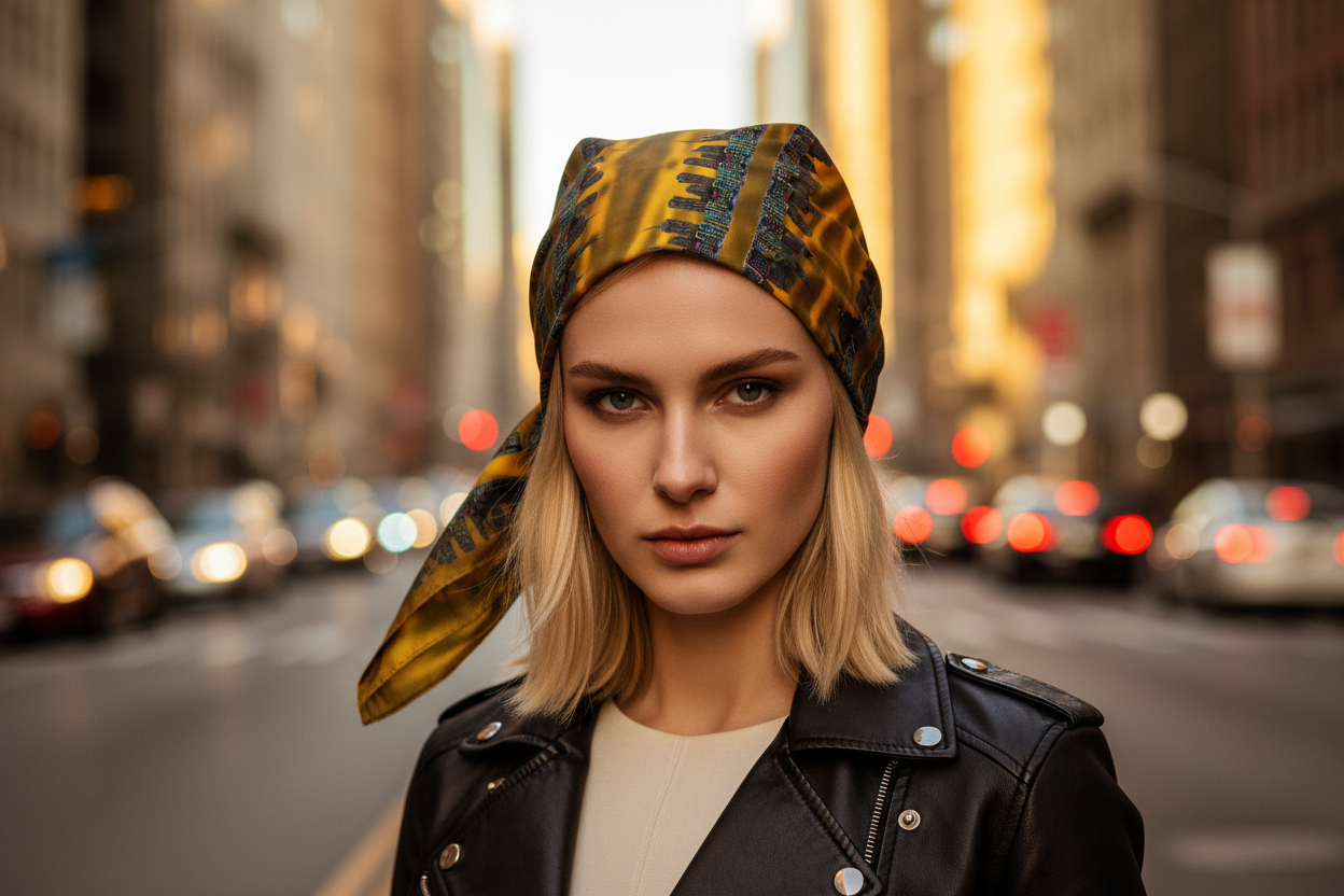 Woman wearing a Loria NYC Art headscarf on a city street