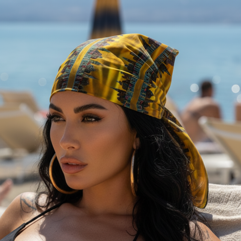 Women wearing a colorful head bandana on the beach.
